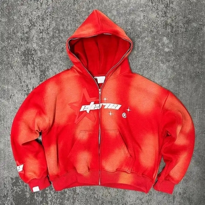 kopen 100% katoen zwaargewicht hoodie vintage zuurwas zon vervaagd puff printing full zip up online manufacture