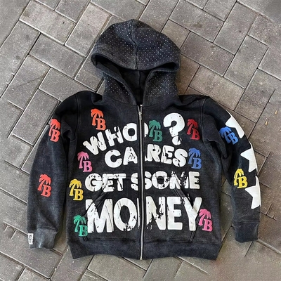 kopen Zipper puff print hoodie Vintage Gewassen 500gm Zwaargewicht Oversized Raw Hem online manufacture
