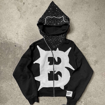 kopen Custom Y2k Franse Terry Patch Work Cut Off Hoodie in gewassen distressed stijl online manufacture