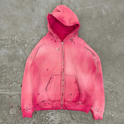 kopen Acid wash zip up hoodie mannen vrouwen 500gm blanco roze Acid wash vintage gescheurd gat in nood online manufacture