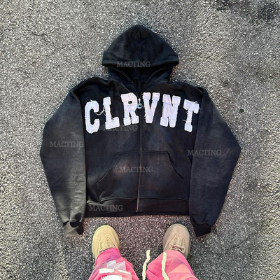 kopen Custom Logo Streetwear 400gm Stone Wash Zip Up Hoodie in grijs met Distressed Patch online manufacture