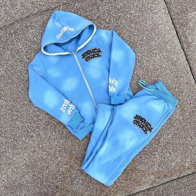 kopen Etiketten Unisex Hoodies Mensen Set Custom Full zip up hoodie tracksuit Acid Wash Sweatsuit online manufacture
