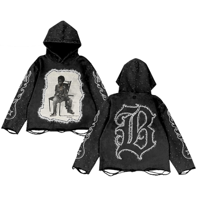 kopen Zwarte vintage strass hoodie Distressed Embroidery Patch 220 gram Zwaargewicht Zuur Wassen online manufacture