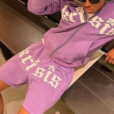 kopen Cool kleurrijke trainingspakken gevecht In nood geborduurd Patchwork Hoodie Shorts Sets Frans Terry 3D Puff Printing online manufacture