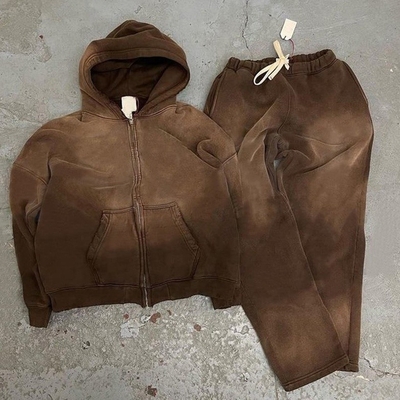 kopen Stijlvolle katoenen mannen met rits Vernietigd door de zon Vervaagde capuchon en sweatpants Set voor joggen online manufacture