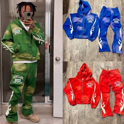 kopen Gezinsneutrale mannen acid wash zipper tracksuit 2 stuk set met hoodies en sweatpants online manufacture