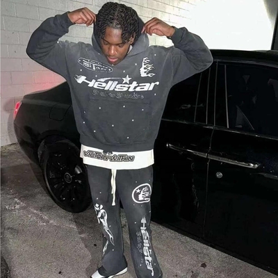 kopen Gewassen zwarte crop top en opgeblazen sweatpants set voor aangepaste 2 stuk joggers tracksuit online manufacture