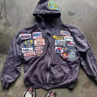 kopen Mensen Acid Wash Hoodie met borduurwerk en Distressed Applique online manufacture