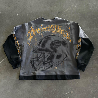 kopen zwart gewassen lange mouw T-shirt T-shirt Mensen zwaargewicht Acid Wash T-Shirt Hip Hop Style online manufacture