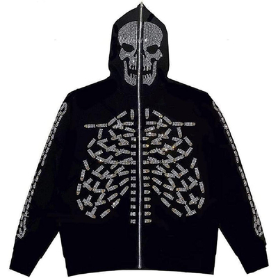 kopen 800 gram Hooded Zip Up Sweatshirt Mensen Gothic Rhinestone Skull Grafische Print Jacket online manufacture