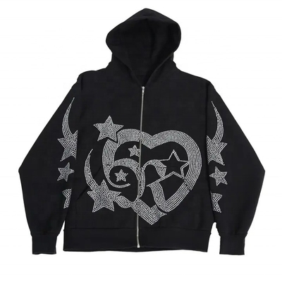 kopen 700 gram Zwaargewicht Rhinestone Zipper Hoodies Mensen Sweatshirts Full Zip Up Hoodie online manufacture