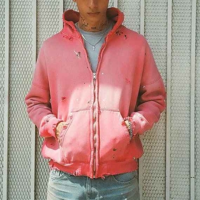 kopen Solid Custom Vrouwen 400 gsm katoen oversized Pink Acid Wash Vintage Distressed Cropped Zip Up Hoodie online manufacture