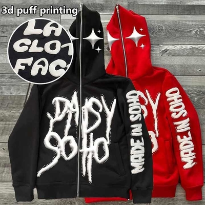 kopen mannen puff print zip up hoodie Full Face Rhinestone 3d Puff Printing voor Streetwear Style online manufacture