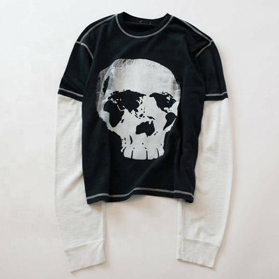 kopen Hip Hop Stijl Custom dubbele laag lange mouw t-shirt dubbele schaduw shirts met Printed Skull Graphic online manufacture