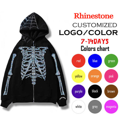 kopen Custom Design Full Zip Up Hoodie met dubbele laag borduurwerk en Rhinestone Bling online manufacture