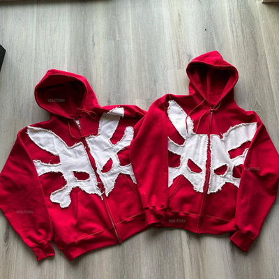 kopen Gewassen Custom 500 Gsm Streetwear Zwaargewicht Frans Terry Vintage Acid Wash Distressed Patch Applique Borduur Zip Up Hoodie online manufacture