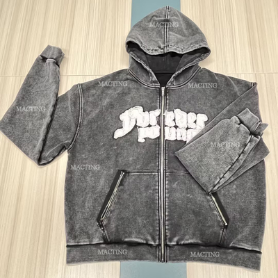 kopen 500 Gsm dik katoenen rits zakken pleisterde borduurwerk hoodie mannen gelijnd maat hoodies online manufacture