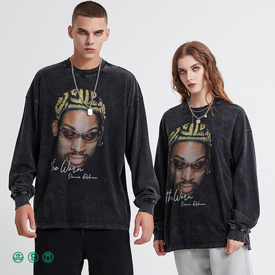kopen Mensen Hip Hop zuurwas crewneck sweatshirt atletisch zwart Distressed Vintage T-shirt Terry Stof online manufacture