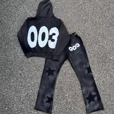 kopen 1000 Hoeveelheid 100% katoenen zuur wassen gehavend geborduurd pleister hoodie en jogger set voor mannen online manufacture