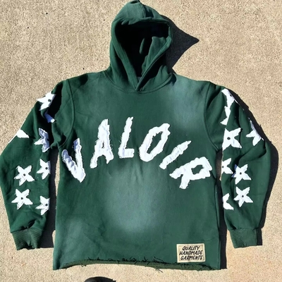 kopen Vintage Applique Distressed Hoodie Pullover zuurwas gesneden sweatshirt Zonnevlek gesneden zuurwas gesneden online manufacture
