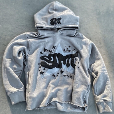 kopen Puff print jas Fleece Cotton Cut Cut Edge Raw Hem Puff Printing Hoodie mannen online manufacture