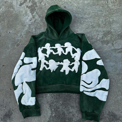 kopen Streetwear Frans Terry Cropped Pullover Hoodie mannen maatwerk Puff Print Design online manufacture