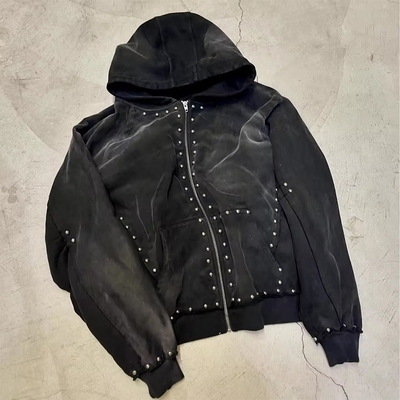 kopen 500 gram zwart rhinestone zip up hoodie mannen oversized herfst Hooded Hoodie zon vervaagd zuur wassen look online manufacture