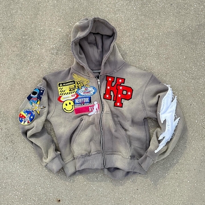 kopen Mensen rhinestone zip up hoodie 500Gsm grijs oranje Stone Acid Wash Hoodie Distressed Patch Embroidery online manufacture