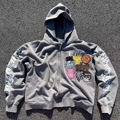 kopen Herfst Custom Mensen Stone Acid Wash Cropped Boxy geborduurde rits up hoodie geborduurde vintage sweatshirts online manufacture