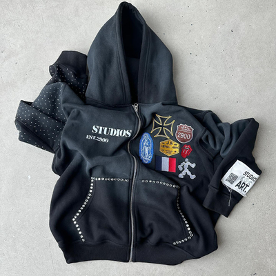 kopen oversized strass hoodie zwart blauw Heavyweight Hoodie Vintage Stone Wash Distressed Design online manufacture