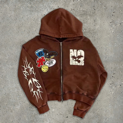 kopen Franse Terry zuur wassen zip door hoodie Crop Top Hoodie Double Way Zipper Pullover Patch 3d online manufacture
