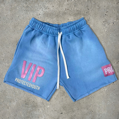 kopen Puff Print korte zuur gewassen korte broek blauw Snij Raw Hem Cotton Fleece Zipper Pockets Streetwear Zweet online manufacture