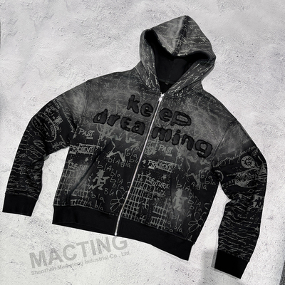 kopen Volledige afdruk Vintage Distressed Applique Borduur Hoodie 800 gram Stofgewicht online manufacture