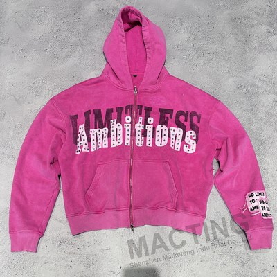 kopen Custom Streetwear Vintage Gewassen Hoodie met 800 gram Stof Gewicht en Strass online manufacture
