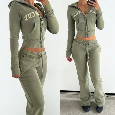 kopen Gepaste geborduurde zuurwas sportschoenen voor vrouwen 100% katoenen flared sweatpants en hoodie set online manufacture