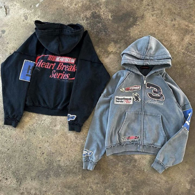 kopen Aangepaste omkeerbare steek hoodie applique noodlijdende borduurwerk steenwassing oversized dubbele capuchon met rits online manufacture