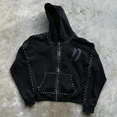 kopen Custom Streetwear Boxy Fit French Terry 100% Cotton Zip Up Rivet Studded Rhinestone Mensen Hoodies online manufacture
