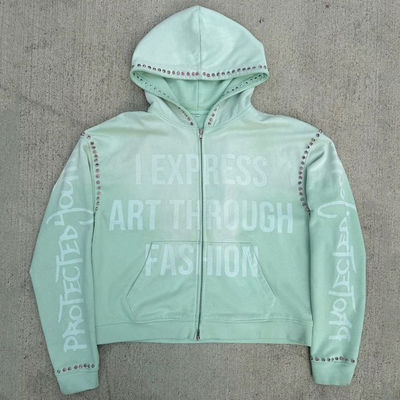 kopen Custom Gemstone Zip Up Heavy Weight Hoodie Vintage Acid Washed Baggy Boxy Fit Cropped Rhinestone Hoodie online manufacture
