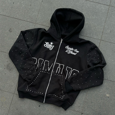 kopen Custom Rhinestone Zip Up Hoodie 450 gsm Dikke Zware Gewicht Screen Printing Logo Zipper Hoodies Mannen online manufacture