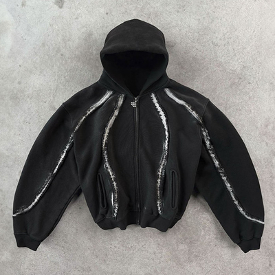 kopen Streetwear Hoodie Custom Vintage Fringed Strip 100% Cotton Distressed Zipper Zwaargewicht Boxy Fit Hoodies online manufacture