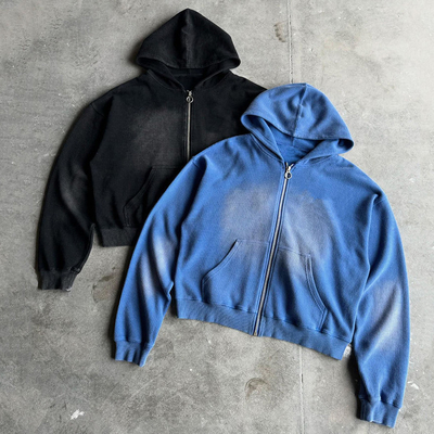 kopen Custom 400gm Heavyweight Blank Oversized Boxy Fit Zip Up Vintage Sun Fading Acid Wash Waffle Hoodie voor mannen online manufacture
