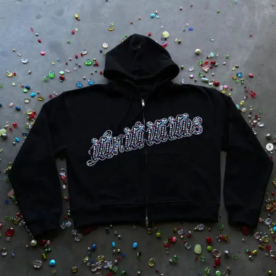 kopen Custom Mensen 100% katoen zwaargewicht borduurwerk Angstig zuur wassen doos geknipt rits ophanger rhinestone hoodies voor mannen online manufacture