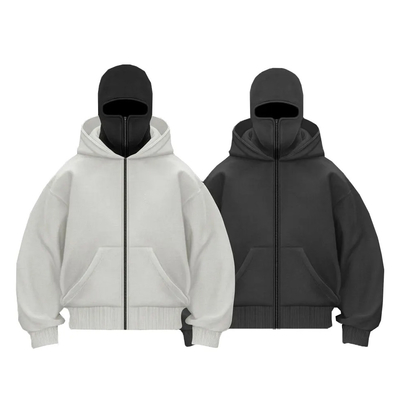 kopen Fabrikant zware katoenen patchwork dubbele kap vol rits Balaclava Hoodies Custom Ninja gemaskerde mannen Hoodie online manufacture