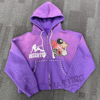 kopen Custom Streetwear Vintage Gewassen Hoodies Zonnevervaagde Patchwork Gekleurde Strass Boxy Cropped Zip Up Hoodie voor mannen online manufacture