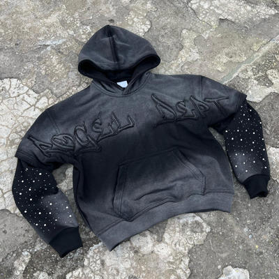 kopen Op maat gewassen zon vervaagde noodgevallen mannen gesneden katoen Terry zwaargewicht 420 Gsm Zip Up Rivet Studded Rhinestone Hoodie online manufacture