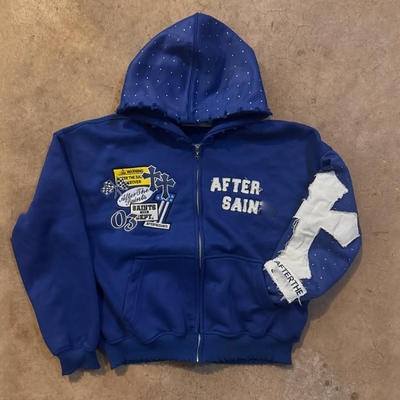 kopen Autumn Winter Distressed Embroidery Rhinestone Heavyweight 500 Gsm Frans Terry Boxy Oversized Zip Up Hoodie online manufacture