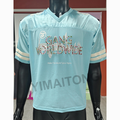 kopen Custom Streetwear Heren Boxy Cropped Rivet Strass Satin Mesh T-shirt American Retro Ademend Sport Voetbalshirt online manufacture
