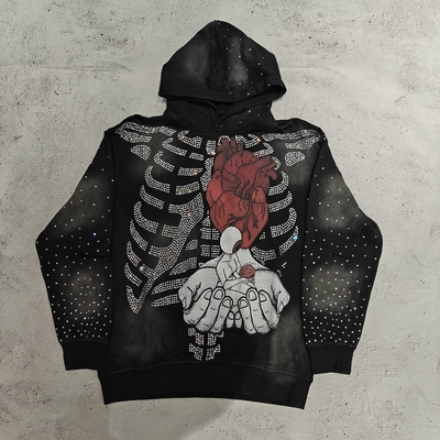 kopen Hoodies Custom High Quality Streetwear Skeletonschedels Grafische trui Vintage Zuur Was Sun Vervaagde Strass Hoodie Mannen online manufacture
