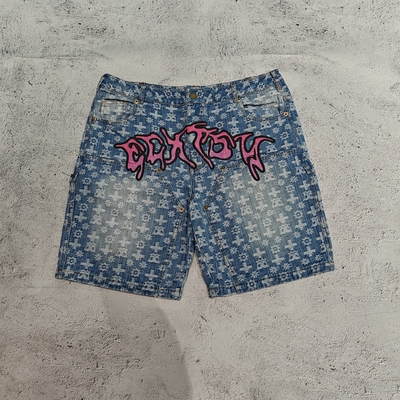 kopen Custom High Quality Luxe Jacquard Denim Jean Shorts Vintage Gewassen Dubbel Knie Zware Katoen Baggy Jorts Mannen online manufacture