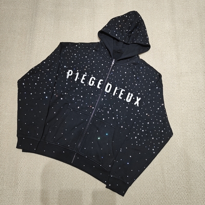 kopen Custom French Terry 100% zware katoenen rits Distressed borduurwerk Applique rits up Rhinestone Hoodies voor mannen online manufacture
